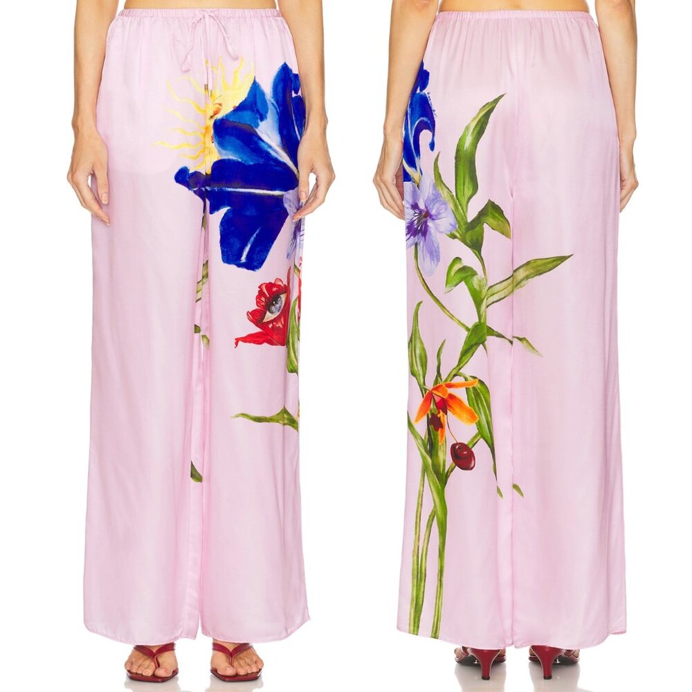 NEW ROAME. Miles Pant Elysium Blush Light Pink Satin 0 XS Wide Leg Trouser ROAME